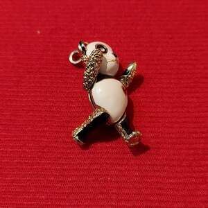 Batya Panda Bear Black & White Enamel Red Heart Rhinestones Brooch Charm